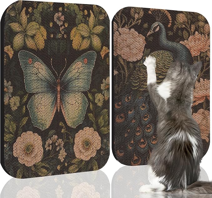 2 Pack Art Cat Scratcher, Wall-Mountable Cat Scratch Pad, Cat Wall Scratcher 16.7x11x1 Inch Cat Scratching Board for Indoor Cats Toy(Butterfly &Peacock)