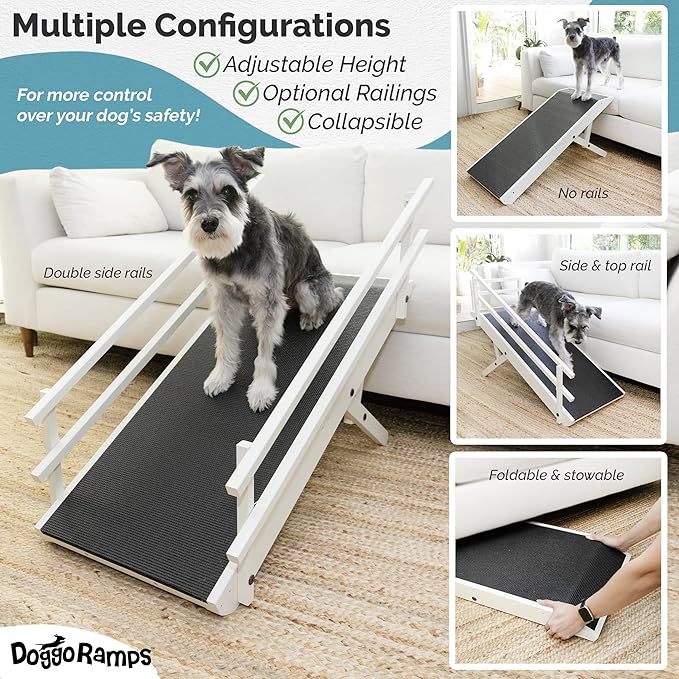 DoggoRamps Dog Ramp with Safety Rails - Adjustable from 14" to 21" with Anti-Slip PAWGRIP & Convenient Platform Top - for Small Dogs up to 150lbs - Made of Solid Hardwood in North America