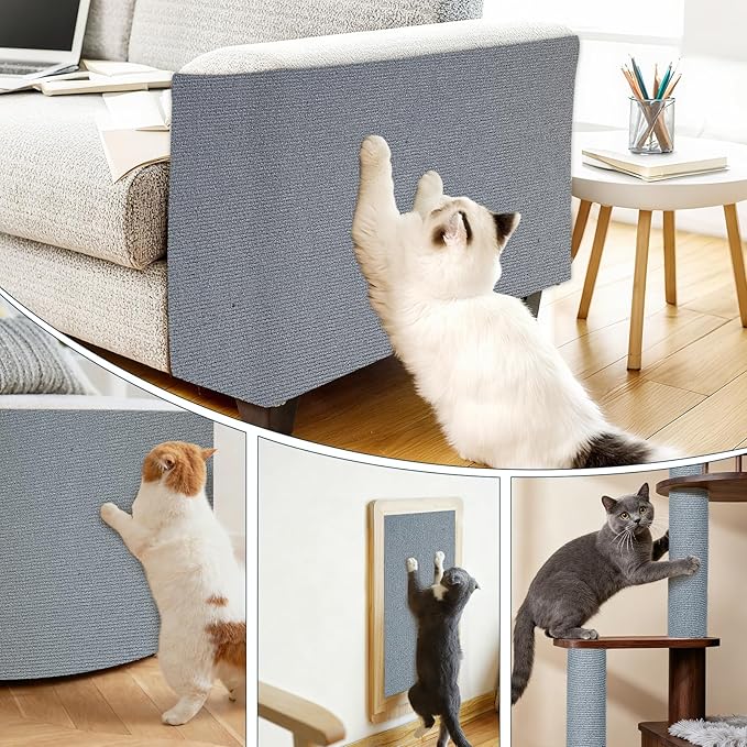 Cat Scratch Mat for Couch, Wall & Cat Tree - 78.7" Trimmable Self-Adhesive Cat Scratcher, Cat Scratch Furniture Protector, Felt Alternative to Sisal, DIY Cat Tower Replacement, 2 Pack(Light Grey)