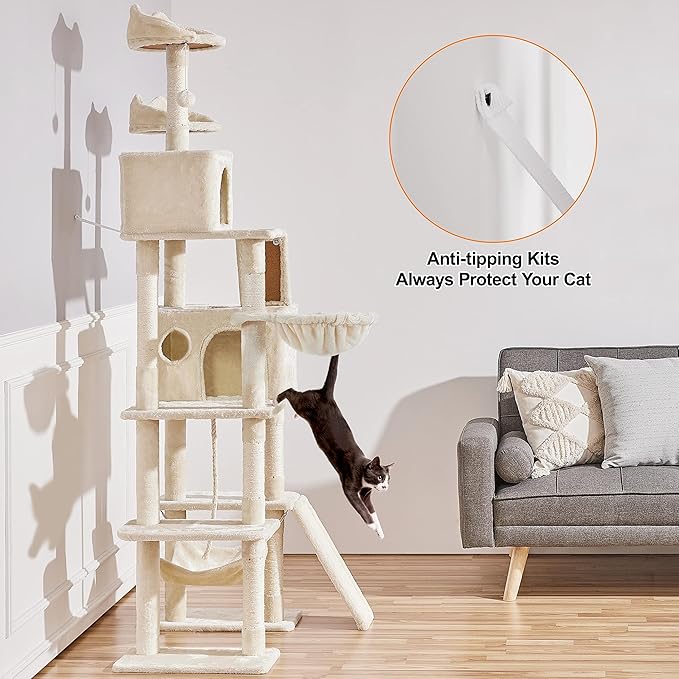 Topeakmart Cat Tree, 82.5in Climbing Tower with 2 Kitten-Ear-Style Top Perches, Hammock, Basket, Scratching Posts, Multilevel Pet Furniture Activity Center for Indoor Felines, Beige