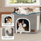 Bedsure Cat Beds for Indoor Cats - Large Cat Cave for Pet Cat House with Fluffy Ball Hanging and Scratch Pad, Foldable Cat Hideaway, 16.5x16.5x13 inches, Dark Grey