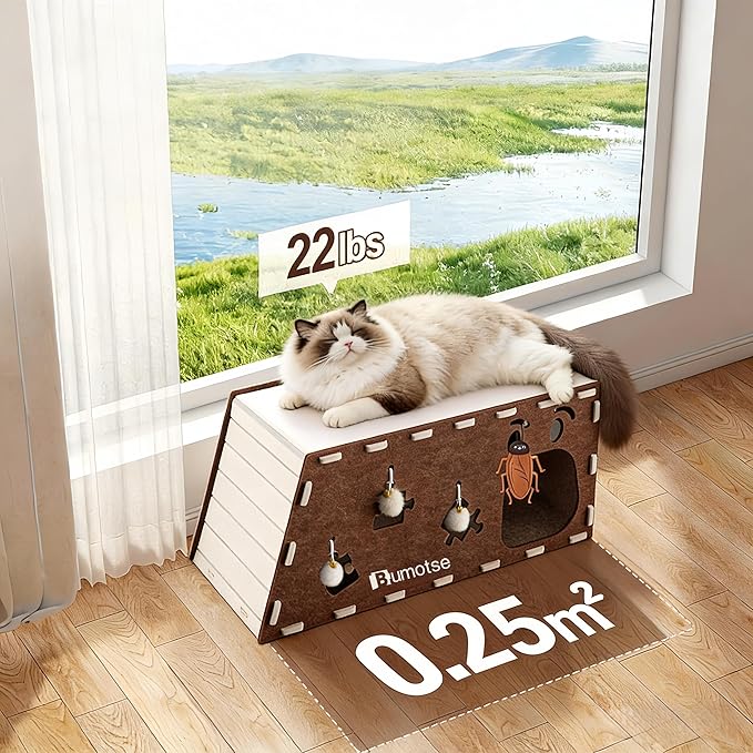 Felt Cat Cave House for Indoor Cats with Catnip Toy, Large Cat Bed Tunnel for Scratching Play, No-Tool Assemble Warm Silent Cat House for Large Cats Up to 22lb, Durable and Washable, Coffee