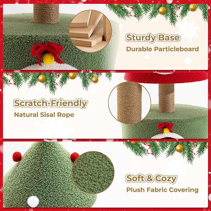 AQUILLA 39.8in Christmas Cat Tree Tower for Indoor Cats, Multi-Level Cat Condo with Sisal Scratching Posts, Cozy Hideaway & Top Perch, Red & Green Holiday Pet Play House for Kittens and Small Cats