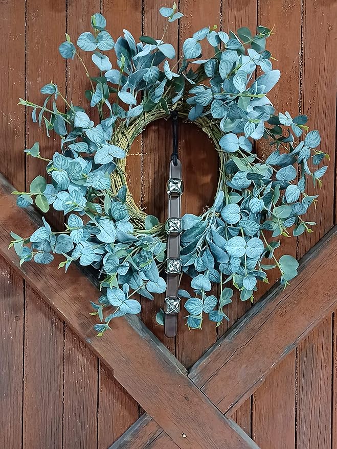 Rustic Red Door Co. Hanging Jingle Sleigh Bells on Leather Strap for Door Knob, Dog to Go Outside, Pet Puppy Potty Training, Christmas Decor, 4 Silver Plated, 14" Straip, Brown