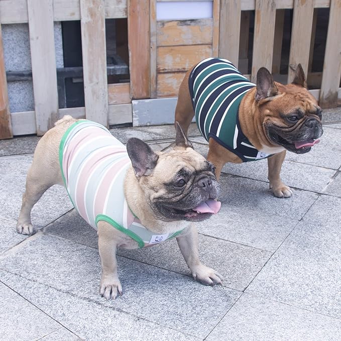 iChoue English Bulldog T Shirts 100% Cotton Striped Clothes for Medium Dogs Tank Tops Vest Large French Frenchie Pug Boston Terrier Pitbull Summer Pink Stripes - XL