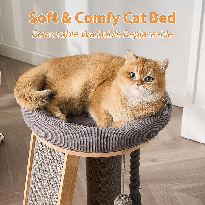 Modern Cat Tree Small Tower with Scratching Post for Indoor, Solid Wood Multifunctional Corner Cat Tree Tower with Bed, Dangling Ball,Interactive Rope, Scratching Board