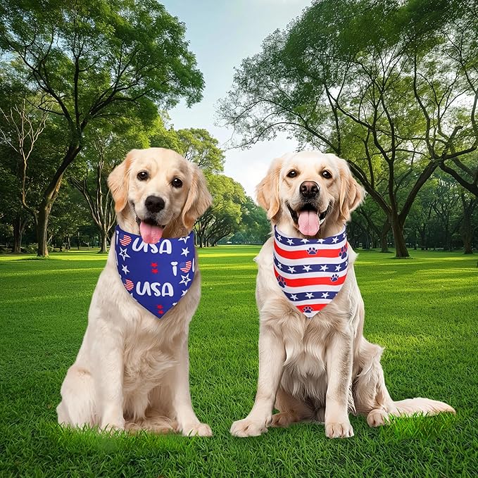 4th of July Dog Bandanas 2-Pack for Small Dogs - Double-Sided Patriotic USA Flag & Paw Print Tie-On Scarves, Red White Blue for Boy or Girl Pups, 9-14" Neck