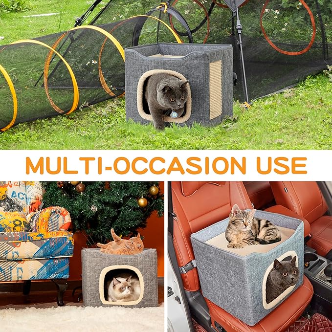 Cat Houses for Indoor Cat, Large 2-Sided Reversible Cushion Cat Condo with Safety Strap, Foldable Cat Hideway with Sisal Scratch Pad, All Seasons Pet Bed for Multi Cats,Light Grey