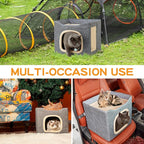 Cat Houses for Indoor Cat, Large 2-Sided Reversible Cushion Cat Condo with Safety Strap, Foldable Cat Hideway with Sisal Scratch Pad, All Seasons Pet Bed for Multi Cats,Light Grey