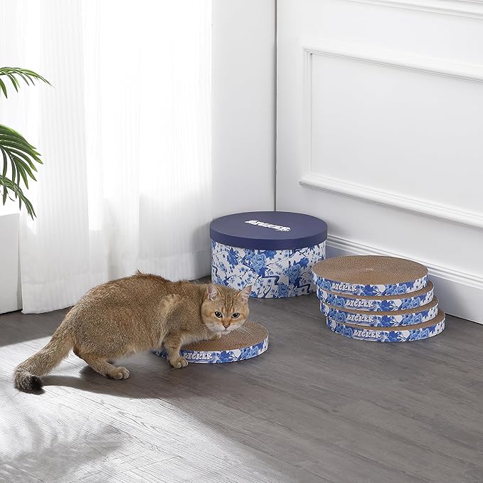 CSR1012B Kate 12" Modern Patterned Cardboard Reversible Cat Scratcher Pad in Box with Catnip, Blue/White (5-Pack)
