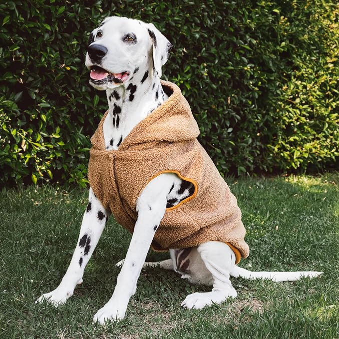 Tuff Pupper Fleece Dog Hoodie Sweater | Teddy Sherpa Outer & Soft Polar Fleece Lining | Adjustable Fit Winter Coat with Hood, Leash Hole, Ribbed Cuffs | for Small Medium Large XL XXL Dogs (Brown, L)