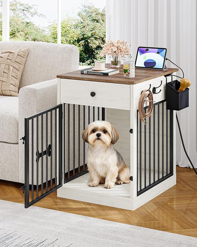 24.6'' Dog Crate Furniture with Charging Station, Dog Kennel Indoor with Flip-Top Storage, Wooden Pet Cage Dog House End Side Table for Small Dogs Anti-Chew Anti-Escape, White Brown DFC90114B