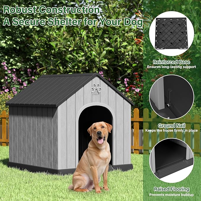Bifanuo Large Dog House for Outdoor & Indoor, Waterproof Puppy Shelter with Air Vents & Elevated Floor, Easy Assemble Sturdy Dog Kennel for Large Dogs (Black, 36.2''L×38''W×38''H)