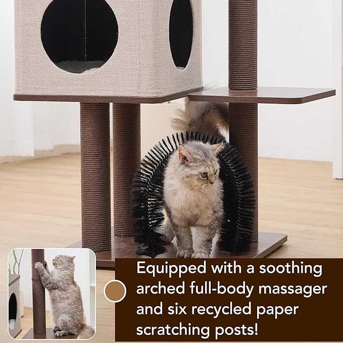 Petpals 4 Level 43" Minimalist Design Cat Tree with Wood Condo,Replaceable Paper Rope Scratching Posts,Full Body Bruch,Removeable and Washabel Bed (Brown and Beige)