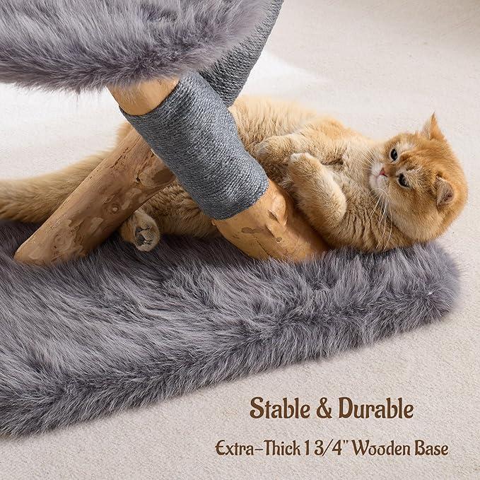 33" Modern Cat Tree for Indoor Cats, Aesthetic Natural Wood Cat Tower with Branch-Style Scratching Posts, Luxury Plush Faux Fur Cat Bed with Natural Loft, Perch & Hanging Ball, Almond Khaki