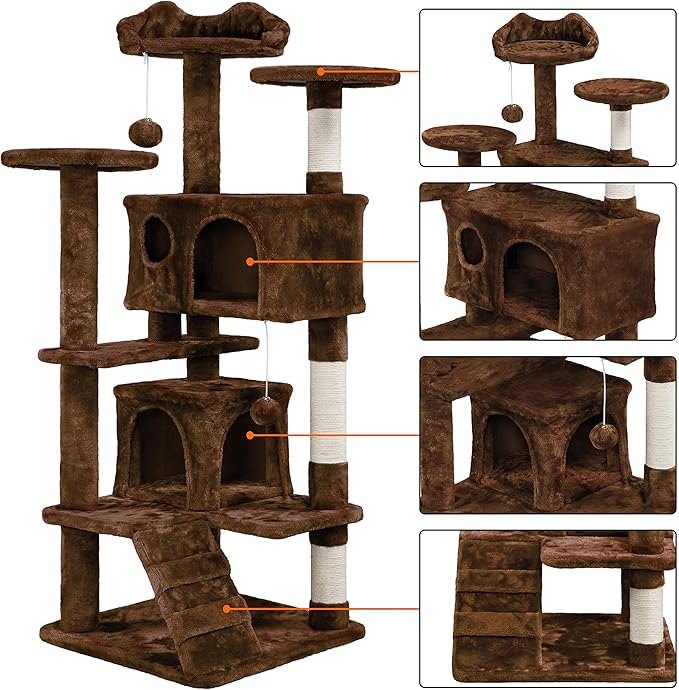 Topeakmart 54in Cat Tree, Cat Tower w/Large Cat Condo Scratching Posts and Perch, Cat Stand House Furniture, Brown