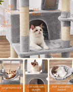 Feandrea Cat Tree, 66.1-Inch Large Cat Tower, Multi-Level Plush Condo with 13 Scratching Posts, 2 Perches, 2 Caves, Basket, Hammock, Pompoms, Light Gray UPCT165W01