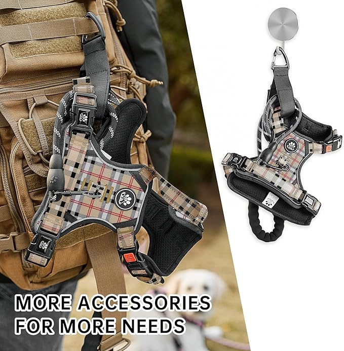 NESTROAD No Pull Dog Harness with Leash, Reflective No Choke Pet Vest Harness,Adjustable Soft Padded Dog Harness with Easy Control Handle for Medium Dogs(Checkered Beige,Medium)