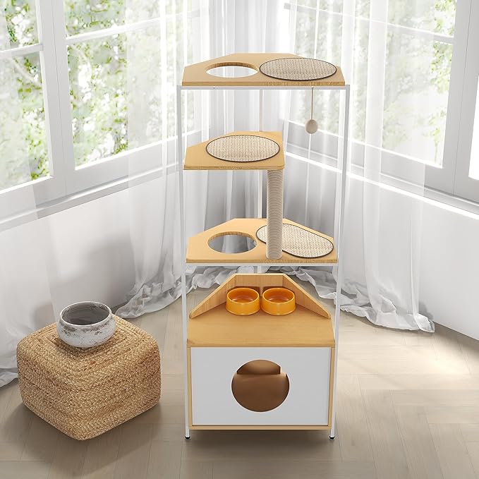 Cat Tower for Indoor Cats, Pet Furniture, Cat Tree with Scratching Posts, Cat Condo with Feeding Station and Climbing Platforms, Durable P2 Grade Particle Board, P2 Particle Board(White + Light Oak)