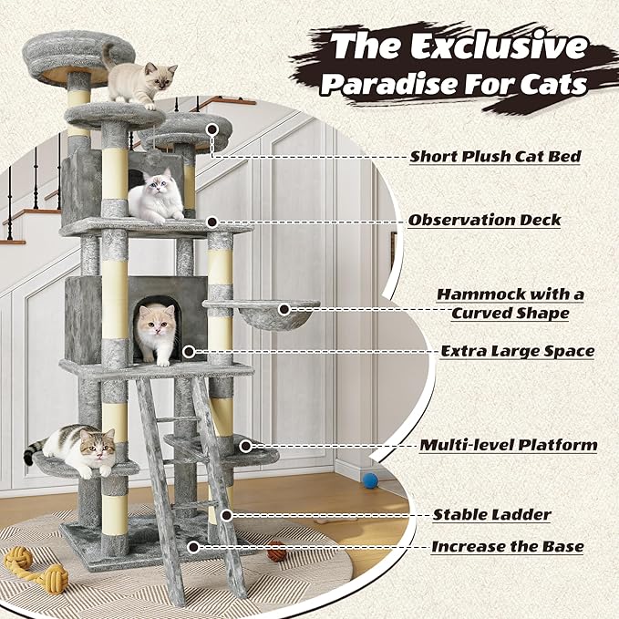 Large 70.87in Cat Tree with 2 Condos, 3 Perches & Hanging Hammock, Cat Tower with Short Plush & No Sharp Edges, Natural Sisal Scratching Areas, Safe & Stable for Multi-Cat Families (Gray, 70.87in)