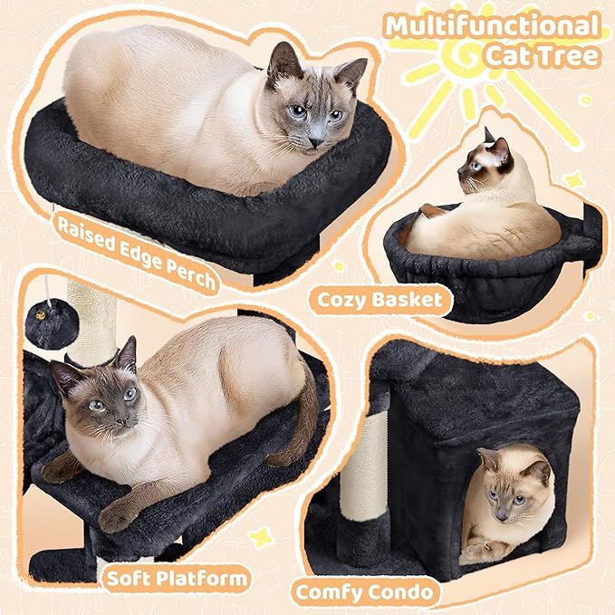 Yaheetech Cat Tree, 34in Cute Cat Tower for Indoor Cats, Multi-Level Pet Condo Furniture Activity Center Cat Bed w/Scratching Post&Dangling Ball&Platform for Kittens, Black