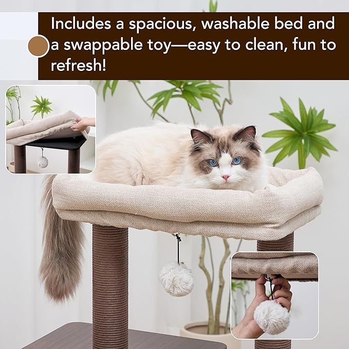 Petpals 4 Level 43" Minimalist Design Cat Tree with Wood Condo,Replaceable Paper Rope Scratching Posts,Full Body Bruch,Removeable and Washabel Bed (Brown and Beige)