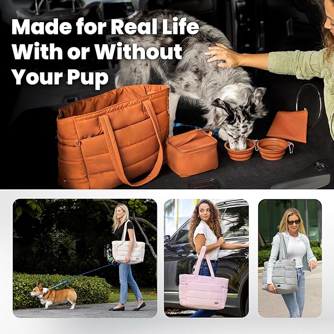 rubyloo Puffer Dog Travel Bag for Dog Moms – Doggy Diaper Bag with Pet Bowls & Food Storage or Everyday Puffy Tote – Doggy Mom Gifts for Women – Lightweight, Travel-Ready Gift for Pet Lovers - Grey