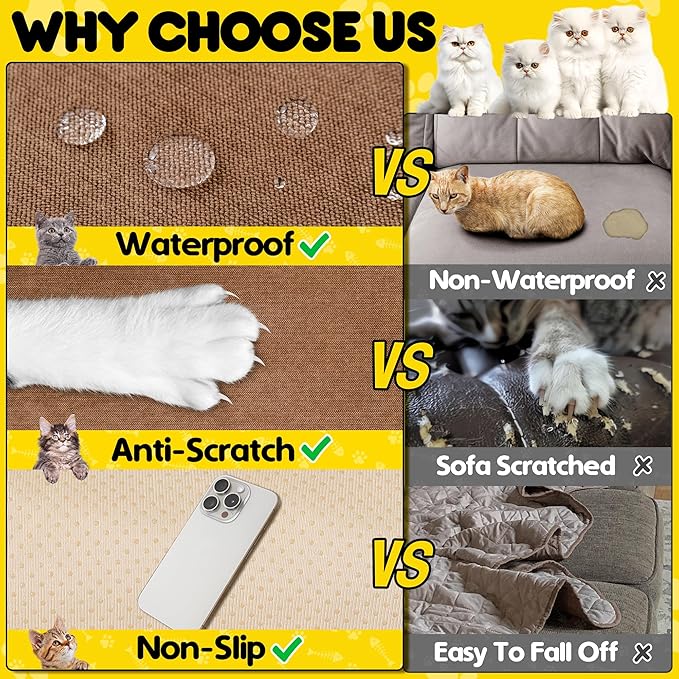 Cat Scratch Furniture Protector - Anti-Slip, Waterproof Sofa Cover to Keep Cats Off, Pet-Friendly Couch Protectors for 3 Cushion Couch, Brown Anti-Scratch Couch Cover for Pets and Kids 134"X71"