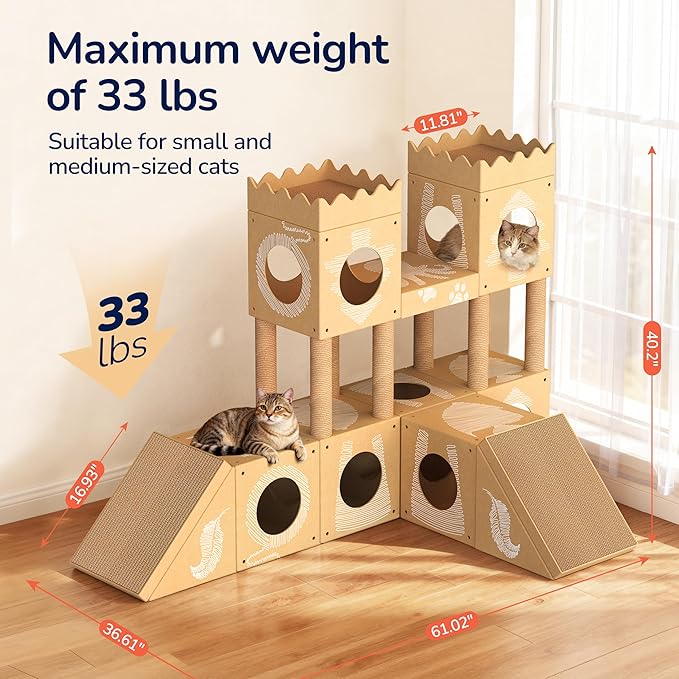DIY Cardboard Cat House, Multi-Level Cat Tree Tower with Scratching Posts, Scratching Board, Tunnel & Playhouse for Kittens & Adult Cats, Recyclable 61″ × 36.6″ × 40.2″, Kraft Brown