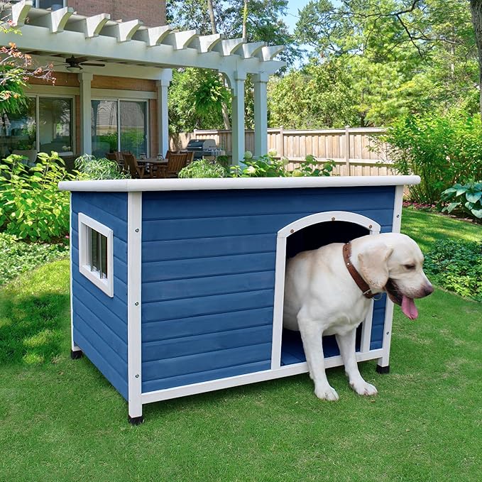 40" Wooden Outdoor Dog Houses, Waterproof Dog House Outside with Window & Door Flap Waterproof Dog House Outdoor Indoor, Assemble Easily-Blue