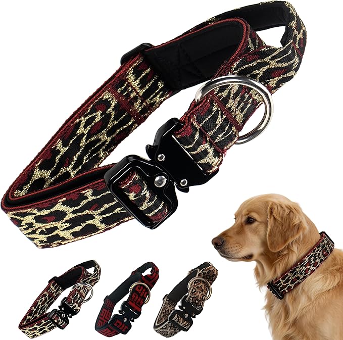 Heavy Duty Dog Collar with Unique Leopard Totem Design Adjustable Durable Nylon Collar, Metal Buckle for Large Dogs Bold Style for Training & Outdoor Adventures (Red Leopard L)