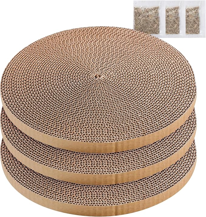 Round Cat Scratcher Refill 10 inch Diameter 7/8 Inch Thickness Circle Scratcher Replacement Scratcher Pads for Indoor Cats Scratching Cardboard (3 Pc)