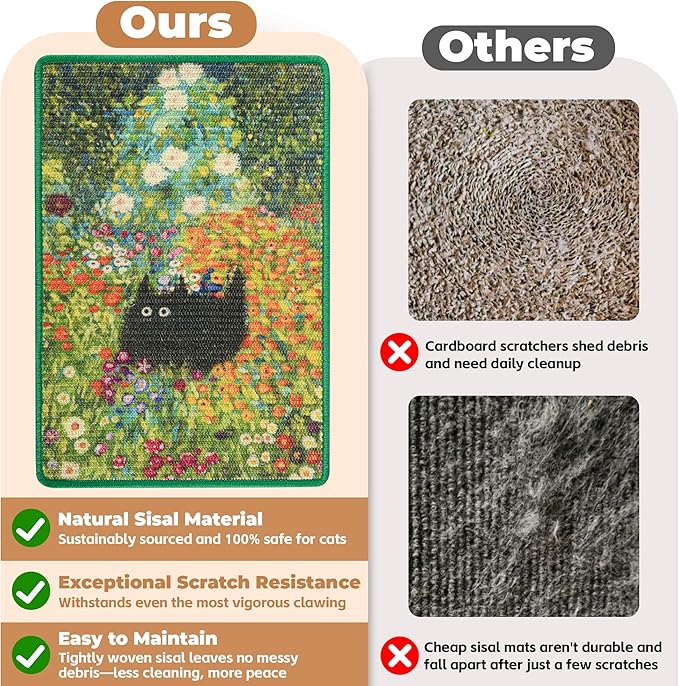 Sisal Cat Scratcher Mat, Cat Wall Scratcher for Indoor Cats, 23.6x15.7 Inch Cat Scratch Pad with Hook & Loop, Wall Mounted Cat Scratching Post to Protect Couch and Carpet（Flower Garden）