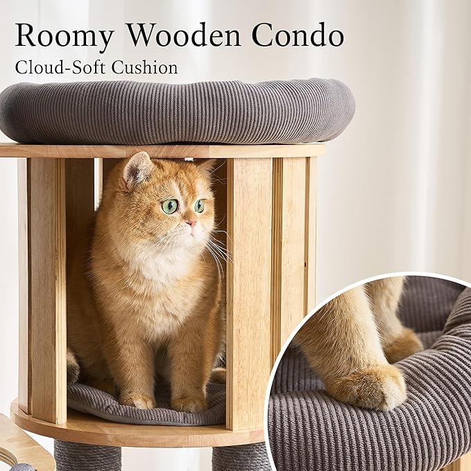 797Audio Wood Modern Cat Tree, 61.5" Cat Tower with Sisal Scratching Posts, Cat Condo, Capsule, Hamnock and Spinner Toy,Solid Wooden Aesthetic Multi-Level Cat Climbing Tree for Adult Indoor Cats-Gray