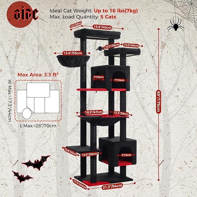 PETEPELA Cat Tree, 69-Inch Gothic Cat Tower for Indoor Large Cats with Super Large Hammock, Tall Cat Climbing Tree Tower with Scratching Posts, Cozy Condo House and Top Perch, Black