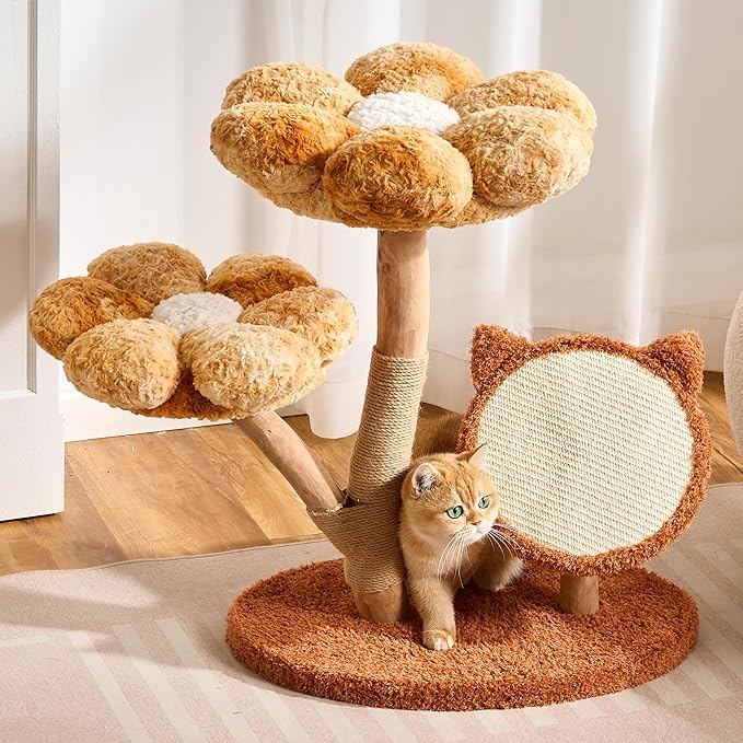 797Audio Natural Wood Flower Cat Tree, Modern Cat Tower with Real Solid Wood Branch, Luxury Aesthetic Cat Tree with Scratching Post,Scratch Pad,Cat Tree Tower for Indoor Large Adult Cats,Autumn Yellow