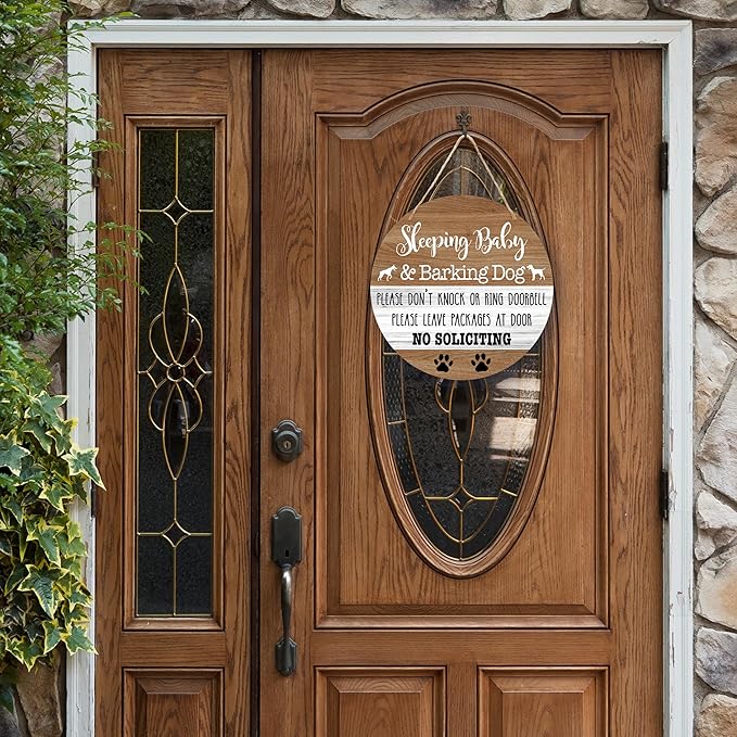 Baby Sleeping Sign Decor, Do Not Knock Or Ring Doorbell Hanging Sign For Front Door, No Soliciting Sign For Home Baby Room Nursery Outdoor, Funny Dog Warning Round Door Hanger Decorations -b03