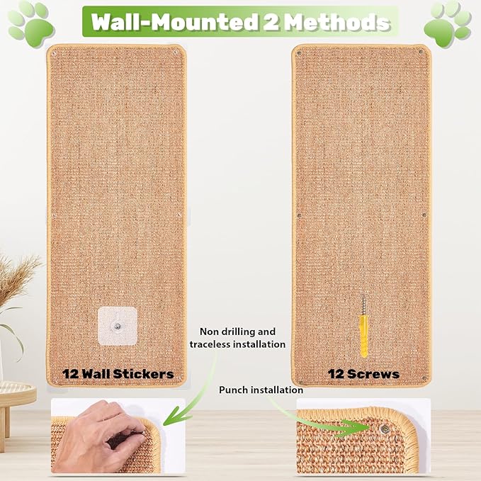 Natural Sisal Cat Scratcher Mat, Wall Scratcher Carpet, Cat Climbing Wall, Large Tall Scratching Post, Sofa Protector, Scratching Mat Pad for Indoor Cats (Brown, 39.3" Lx15.7 W, 2PCS)