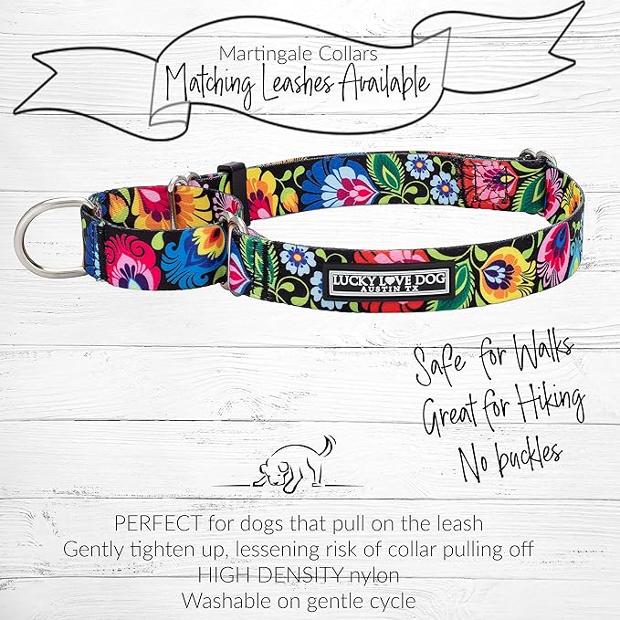 Lucky Love Dog Wide Martingale Dog Collar - No-Slip, Durable, & Soft Webbing 1.5 inch Martingale Collar for Dogs Male and Female Ideal for Training & Walking - Blackbird, Large