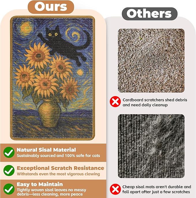 Sisal Cat Scratcher Mat, Cat Wall Scratcher for Indoor Cats, 23.6x15.7 Inch Cat Scratch Pad with Hook & Loop, Wall Mounted Cat Scratching Post to Protect Couch and Carpet（Sunflower）