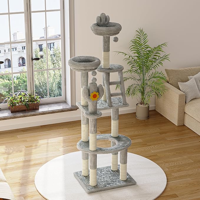 72in Cactus Cat Tree Tower – Transparent Capsule, Sisal Scratching Posts & Plush Perches | Multi-Level Adventure Center for Kittens & Large Cats, Sturdy & Stylish Home Decor (Gray)