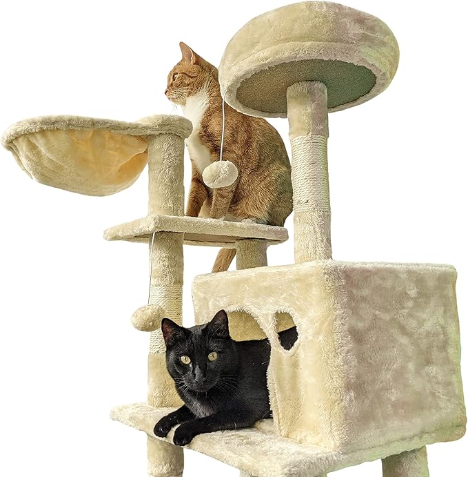 Beige Cat Tree Tower for Indoor Cats & Kittens, 57" Tall Multi-Level with Comfy Perch & Basket, Hideaway Condo, Sisel Scratcher Posts & Ladder, Ball Toys, & Dangling Rope - by SciencePurchase