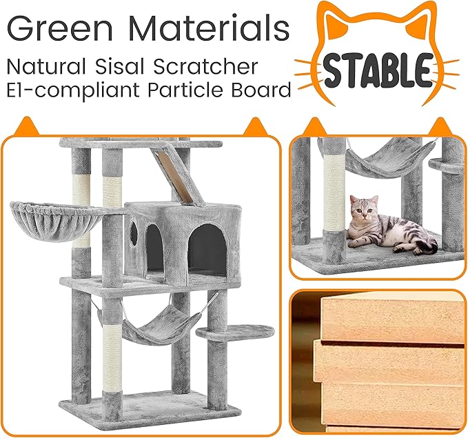 Topeakmart 71.5 inch Cat Tree Tower, Cat Furniture w/ 2 Condos, 2 Perches, 2 Hanging Balls Pet Stand House with Basket and Hammock for Indoor Cats and Kittens, Light Gray