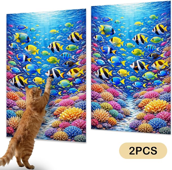 Nuxovilar Cat Scratching Mat 15.3x23.6 Inches Polyester Synthetic Fiber, Underwater Coral Reef Print, wall cat Scratcher, Scratch pad, Home Decor, Bathroom, Coastal Themed Room (2pcs)