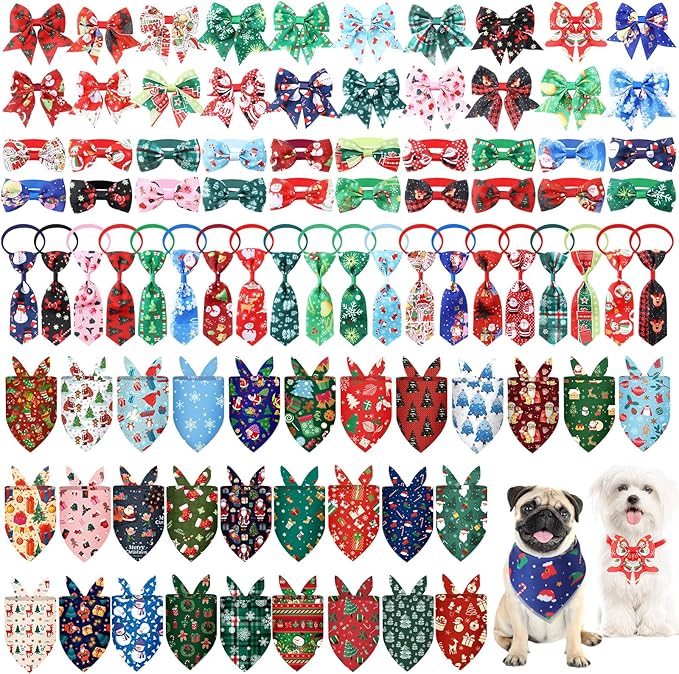 Reginary 120 Pcs Christmas Dog Bandanas Bulk Dog Bows Set Bow Ties Cat Scarf Colorful Washable Triangle Pet Kerchief Cute Bib for Summer Small Medium Large Pets Grooming Accessories Costume