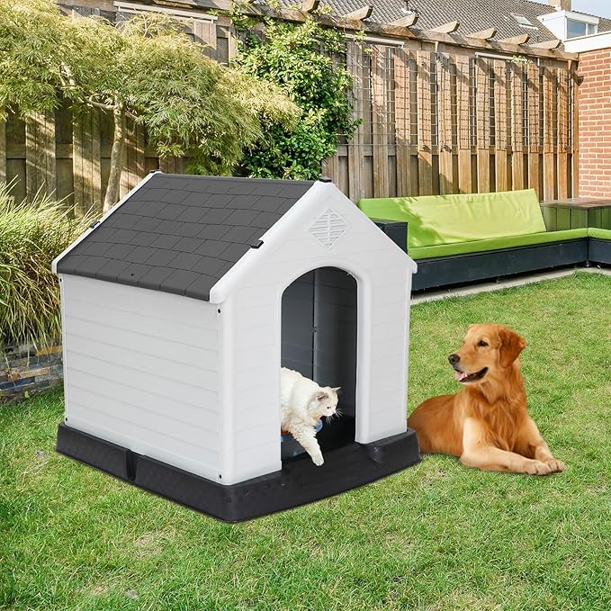 ZENY Plastic Dog House - Waterproof Dog Kennel with Air Vents and Elevated Floor All Weather Indoor Outdoor Insulated Doghouse Puppy Shelter, Easy to Assemble (Grey, 28inch)
