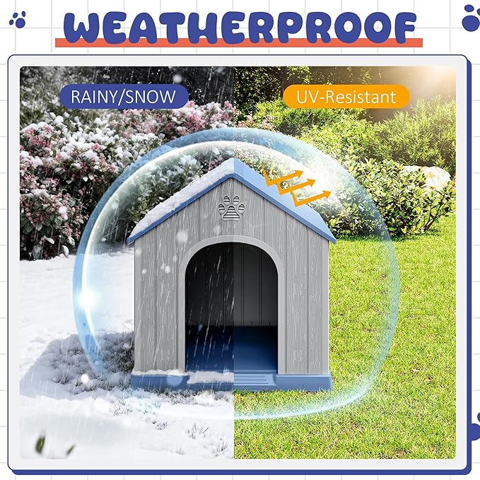 Bifanuo Dog House Outdoor Indoor, Plastic Small Dog House-Weatherproof Design with Air Vents & Elevated Floor for Small to Medium Dogs, Easy Clean and Assemble (Blue)