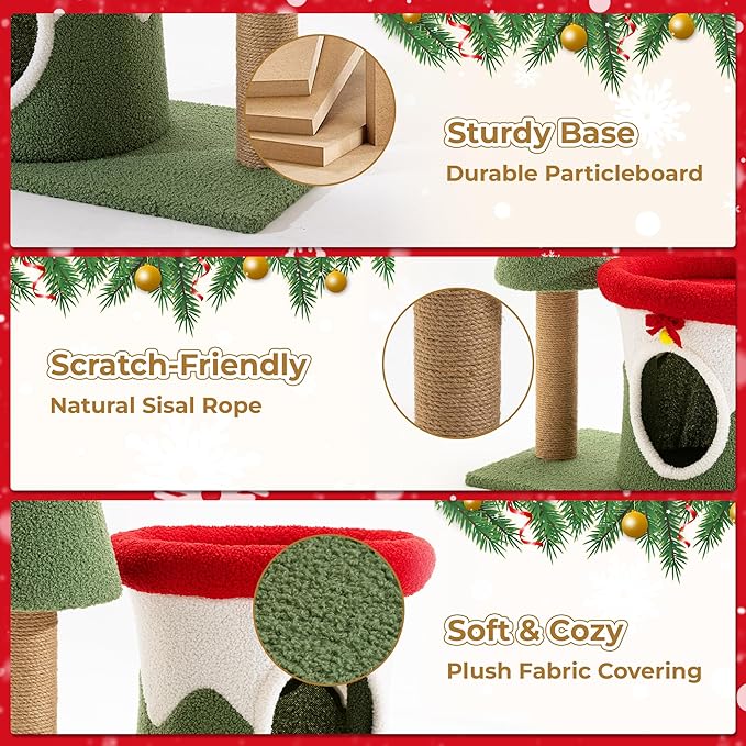 AQUILLA 29.7in Christmas Cat Tree Tower for Indoor Cats, Multi-Level Cat Condo with Sisal Scratching Posts, Cozy Hideaway & Top Perch, Red & Green Holiday Pet Play House for Small Cats and Kittens