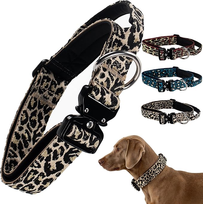 Heavy Duty Dog Collar with Unique Leopard Totem Design Adjustable Durable Nylon Collar, Metal Buckle for Large Dogs Bold Style for Training & Outdoor Adventures (Gold Leopard M)