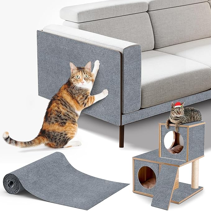 Cat Scratching mat Self-Adhesive, Trimmable Furniture Protector for Couch, Sofa, Wall & Cat Trees - Durable Scratch Pad with Nano Tape, DIY Climbing Carpet for Indoor Cats (Light Grey, 78.7"x15.8")